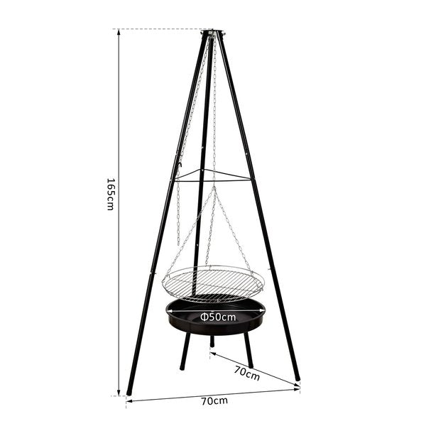 70x70x165 Cm. Tripod Charcoal Barbecue Grill - Black