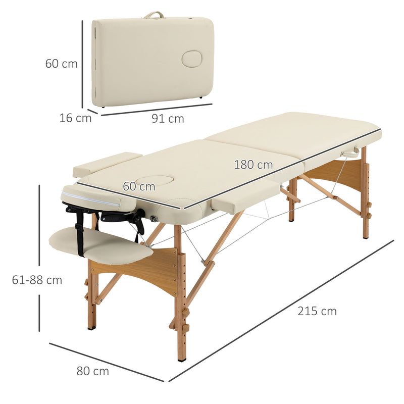 HOMCOM Portable Massage Bed, Folding Spa Beauty Massage Table with 2 Sections, Carry Bag and Wooden Frame, Cream