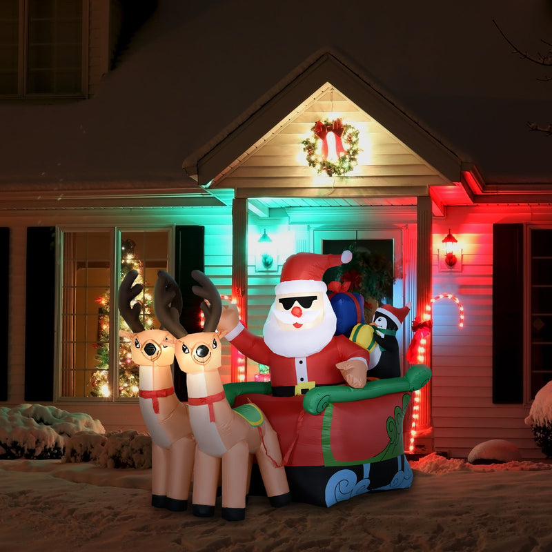 Outsunny 6ft Inflatable Christmas Santa Claus and Penguin on Sleigh with 2 Reindeer, Blow-Up Outdoor LED Yard Display