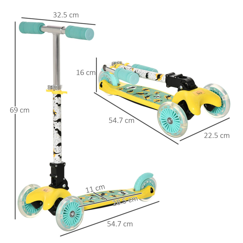 HOMCOM Scooter for Kids Toddler Foldable Kick Scooter with 3 Wheel Adjustable Height Flashing Wheels for Boys and Girls 3-8 Years Yellow