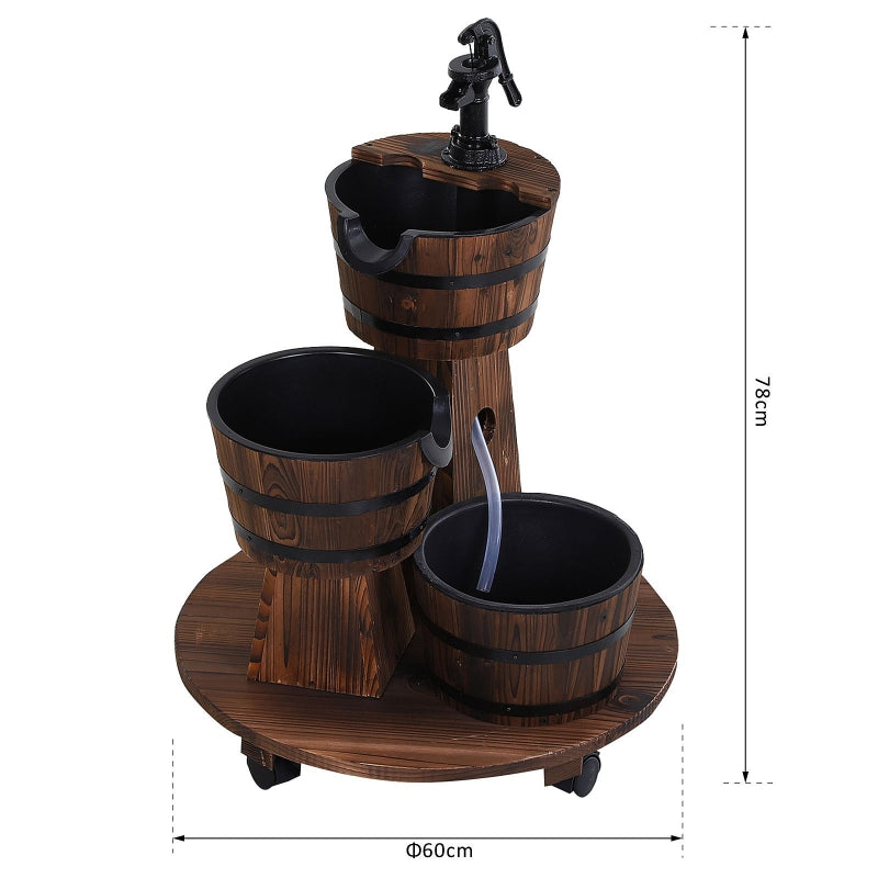 Patio Wooden Water Fountain 3 Barrels Set With Wheels