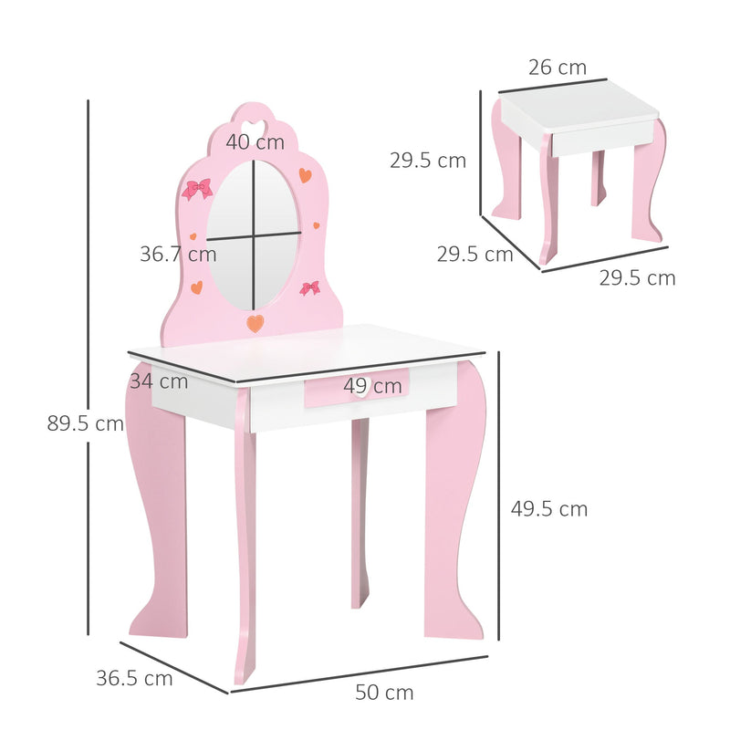 ZONEKIZ Kids Dressing Table Set Kids Vanity Set Girl Makeup Desk with Mirror Stool Drawer Cute Patterns for 3-6 Years Old, Pink