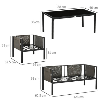 4 PCs Metal Garden Furniture Set With Tempered Glass Coffee Table- Light Grey