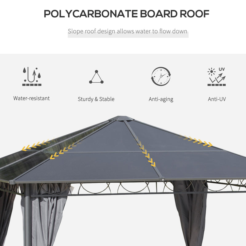 Outsunny 3 x 3(m) Hardtop Gazebo with UV Resistant Polycarbonate Roof, Steel & Aluminum Frame, Garden Pavilion with Curtains, Grey