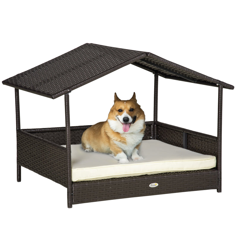 PawHut Wicker Dog House, Rattan Pet Bed with Soft Cushion, Canopy, Cat House with Anti-slip Pads, Brown, 98 x 69 x 73 cm