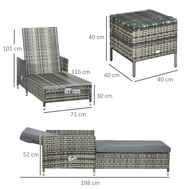 Outsunny 3-Pieces Rattan Sun Lounger, Patio Chaise Lounge Chair Set with Adjustable Backrest, Soft Cushions, Glass Top Table, Grey