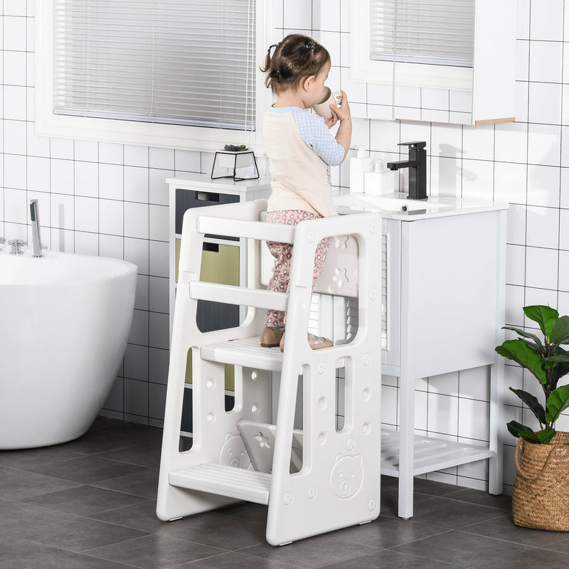 HOMCOM Kids Step Stool Adjustable Standing Platform Toddler Kitchen Stool -Standing Tower for Kids Kitchen Learning w/ Three Adjustable Heights, White