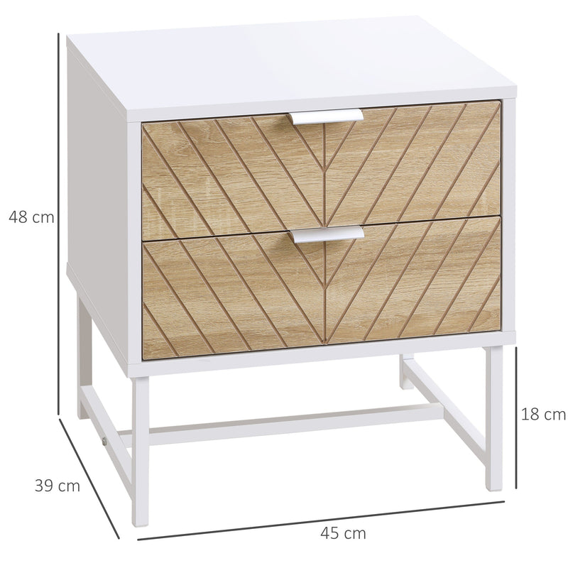 HOMCOM Modern Bedside Table with 2 Drawers and Metal Frame, Sofa Side Table for Bedroom Living Room, White and Oak