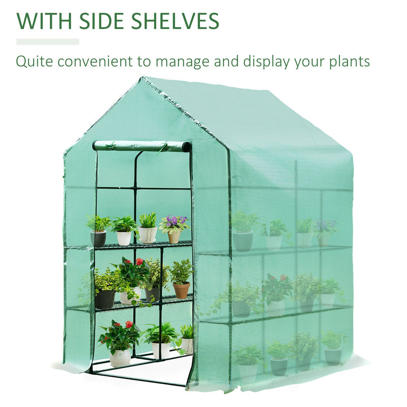 Outsunny Walk in Garden Greenhouse with Shelves Polytunnel Steeple Green house Grow House Removable Cover 143x143x195cm, Green