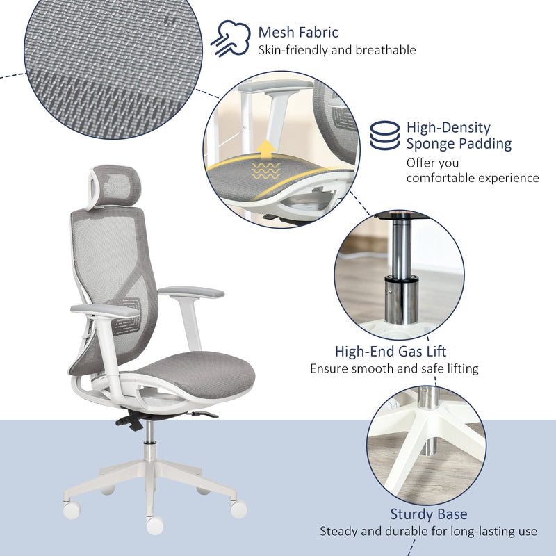 Vinsetto Ergonomic Office Chair with 360° , Wheel, Mesh Back, Adjustable Height & 3D Armrest for Home Office, Grey