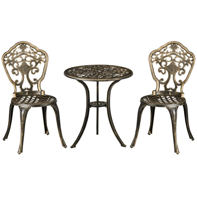 3 Piece Cast Aluminium Garden Bistro Set For 2 With Parasol Hole- Bronze