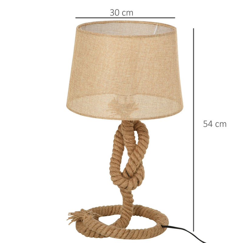 HOMCOM Nautical Style Rope-Base Table Lamp w/ Fabric Lampshade Metal Frame Power Switch Unique Lighting Furnishing Bedroom Living Room Study Beige