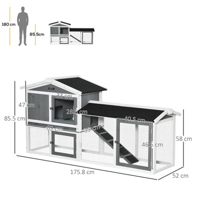 PawHut 2 Tier Wooden Rabbit Hutch, Guinea Pig Cage, Bunny Run, Small Animal House with Run Box, Slide-out Tray, 175.8 x 52 x 85.5cm, White