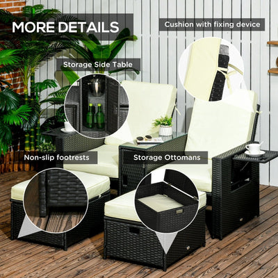 Outdoor Wicker 5-level Adjustable Recliner Sofa Bed With Storage Side And Footstools- Black