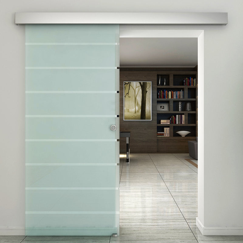 HOMCOM Tempered Glass Sliding Barn Door Kit Aluminum-alloy Rail W/Handle-Frosted Glass W/ Stripes