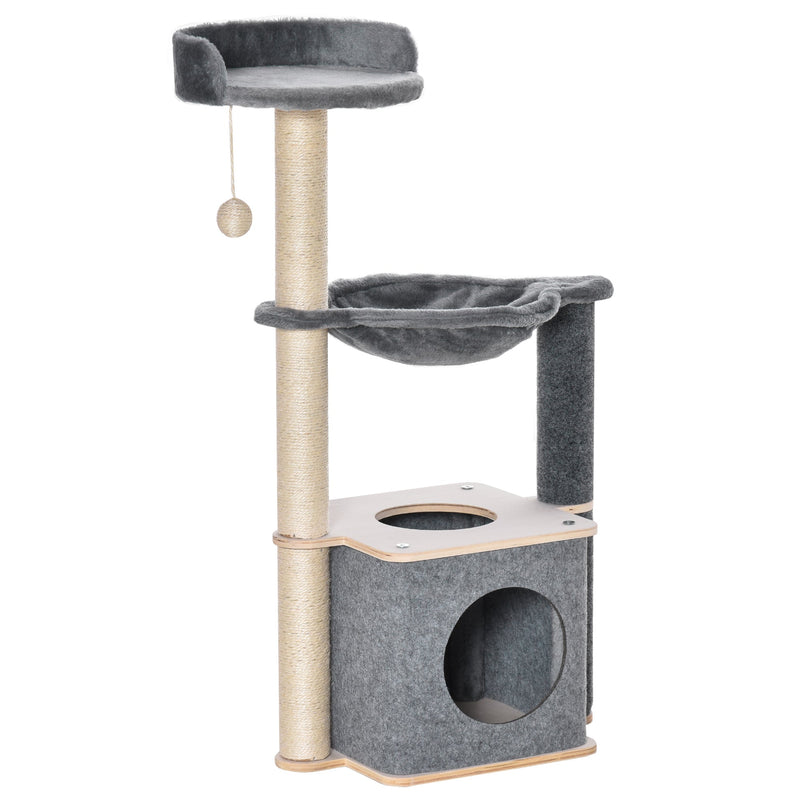 PawHut Cat Tree Cat Tower 95cm Climbing Kitten Activity Center with Sisal Scratching Post Perch Roomy Condo Hammock, Grey