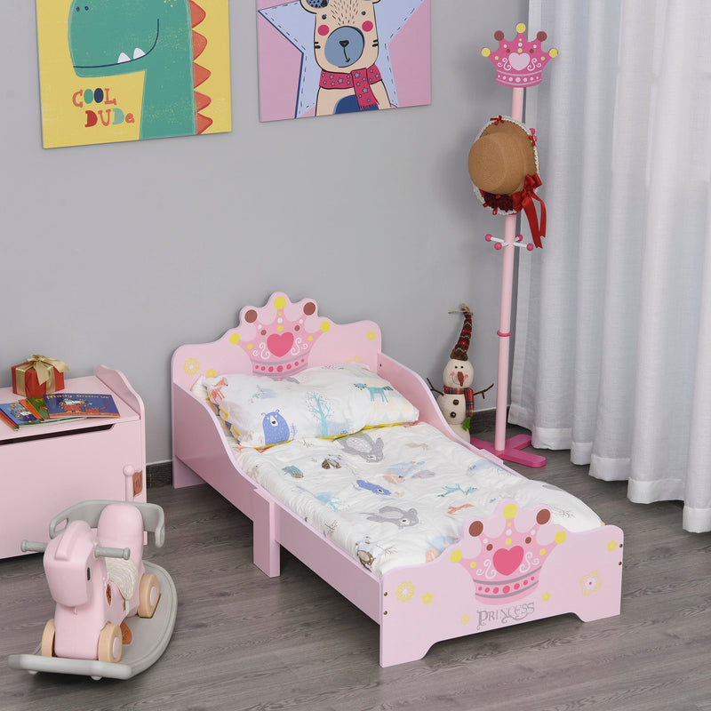 HOMCOM Kids Wooden Bed with Crown Modeling Safety Side Rails Easy to Clean Perfect Gift for Toddlers Girls Age 3 to 6 Years Old Pink