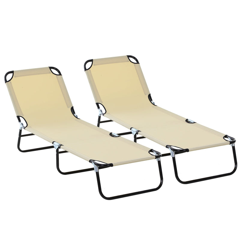 Outsunny 2 Pieces Foldable Sun Lounger Set With 5-Position Adjustable Backrest, Portable Relaxer Recliner with Lightweight Frame Great for Sun Bathing, Beige