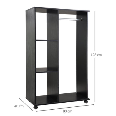 HOMCOM Open Wardrobe with Hanging Rail and Storage Shelves w/Wheels Bedroom- Black