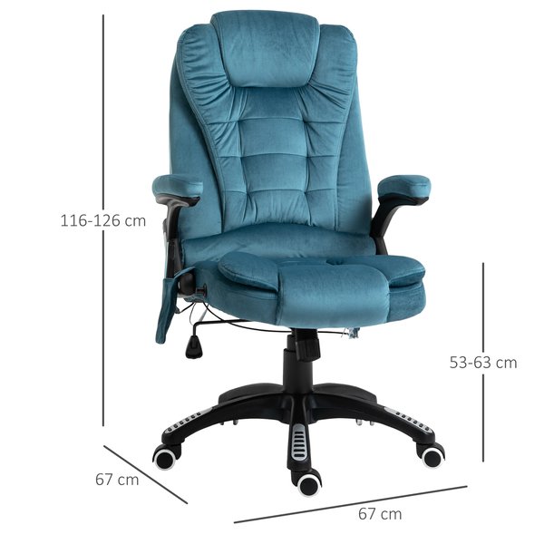 Faux Velvet Reclining Heated Massage Office Chair- Blue