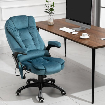 Faux Velvet Reclining Heated Massage Office Chair- Blue