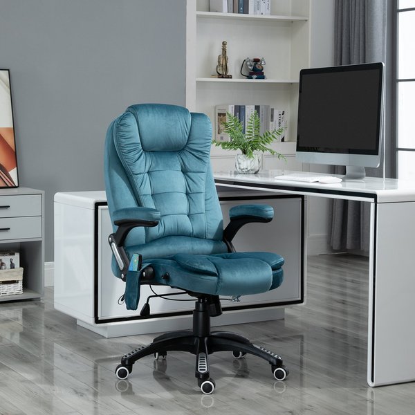 Faux Velvet Reclining Heated Massage Office Chair- Blue