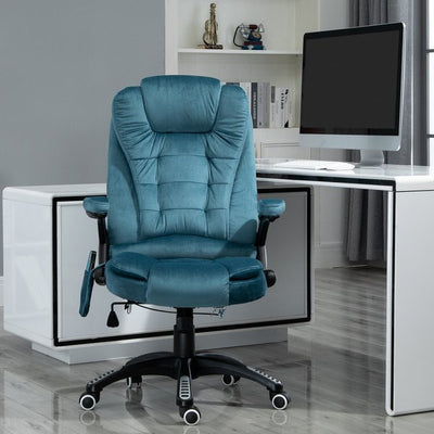 Faux Velvet Reclining Heated Massage Office Chair- Blue