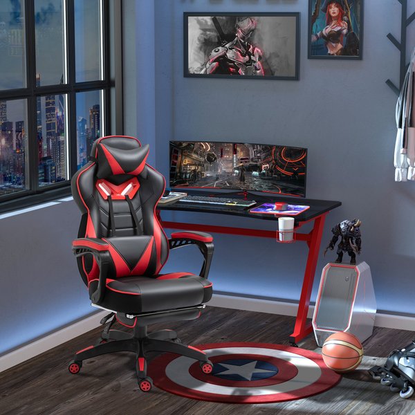 Gaming Chair Ergonomic Reclining w/ Manual Footrest 5 Wheels Stylish Office- Red/Black