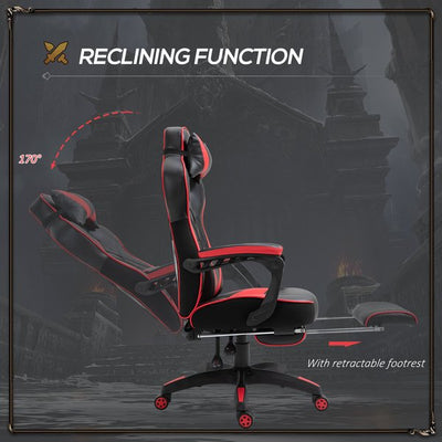 Gaming Chair Ergonomic Reclining w/ Manual Footrest 5 Wheels Stylish Office- Red/Black