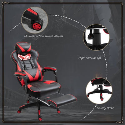 Gaming Chair Ergonomic Reclining w/ Manual Footrest 5 Wheels Stylish Office- Red/Black