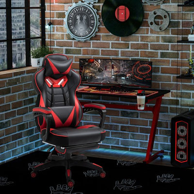 Gaming Chair Ergonomic Reclining w/ Manual Footrest 5 Wheels Stylish Office- Red/Black