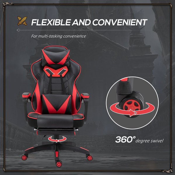 Gaming Chair Ergonomic Reclining w/ Manual Footrest 5 Wheels Stylish Office- Red/Black