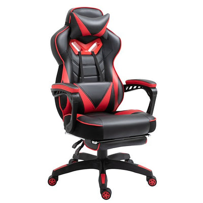 Gaming Chair Ergonomic Reclining w/ Manual Footrest 5 Wheels Stylish Office- Red/Black