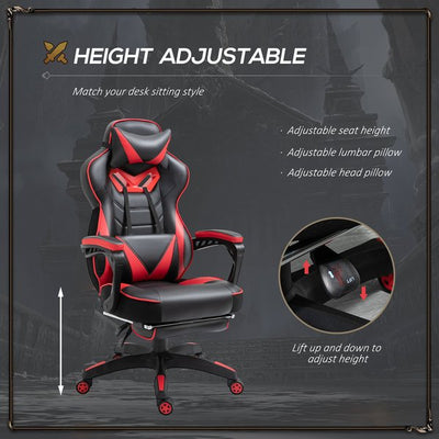 Gaming Chair Ergonomic Reclining w/ Manual Footrest 5 Wheels Stylish Office- Red/Black