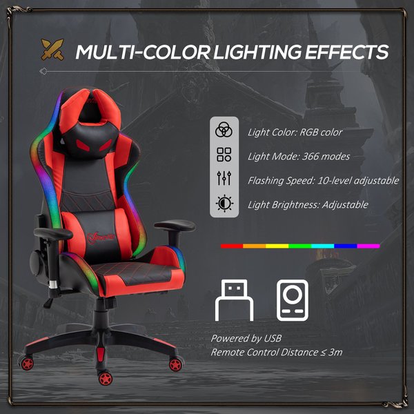 Gaming Office Chair with RGB LED Light, Lumbar Support, Gamer Recliner- Red