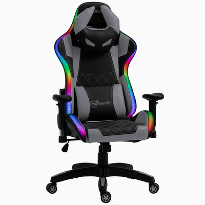 Gaming Office Chair with RGB LED Light, Lumbar Support, Gamer Recliner- Grey