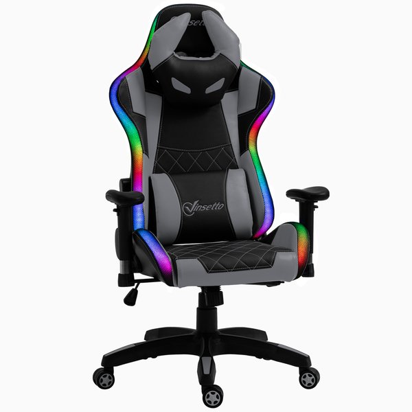 Gaming Office Chair with RGB LED Light, Lumbar Support, Gamer Recliner- Grey