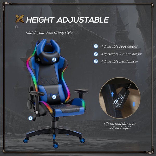 Gaming Office Chair with RGB LED Light, Lumbar Support, Gamer Recliner- Blue