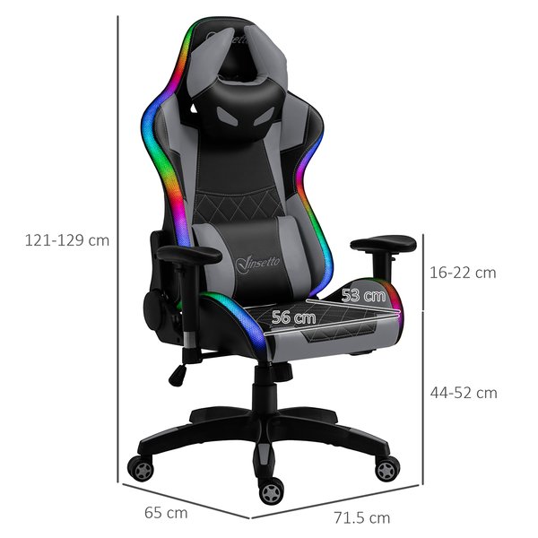 Gaming Office Chair with RGB LED Light, Lumbar Support, Gamer Recliner- Grey