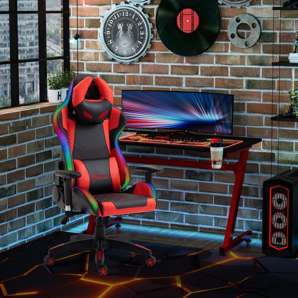 Gaming Office Chair with RGB LED Light, Lumbar Support, Gamer Recliner- Red