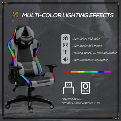 Gaming Office Chair with RGB LED Light, Lumbar Support, Gamer Recliner- Grey