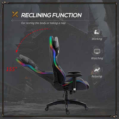 Gaming Office Chair with RGB LED Light, Lumbar Support, Gamer Recliner- Grey