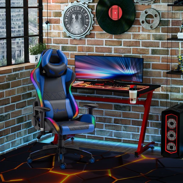 Gaming Office Chair with RGB LED Light, Lumbar Support, Gamer Recliner- Blue