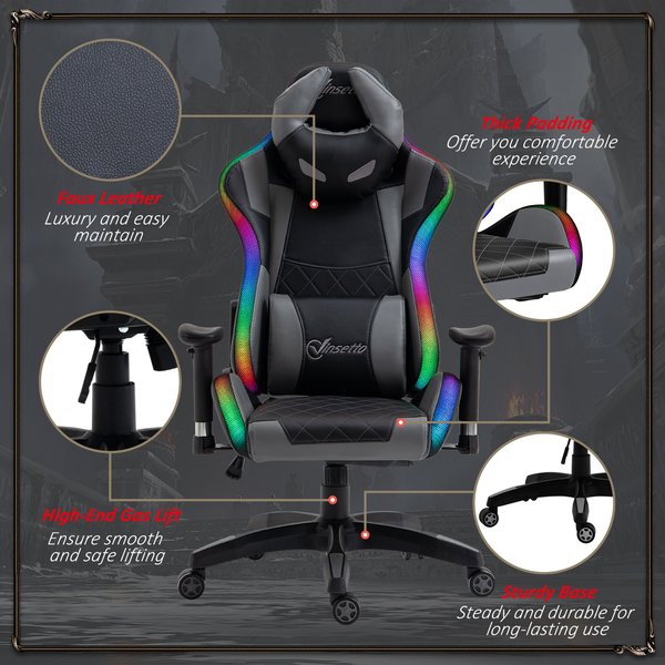 Gaming Office Chair with RGB LED Light, Lumbar Support, Gamer Recliner- Grey