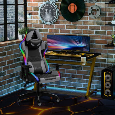 Gaming Office Chair with RGB LED Light, Lumbar Support, Gamer Recliner- Grey