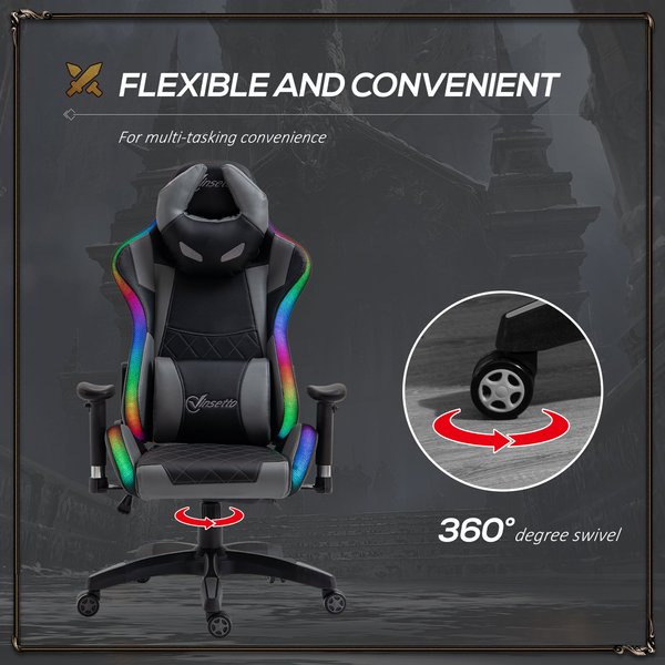 Gaming Office Chair with RGB LED Light, Lumbar Support, Gamer Recliner- Grey