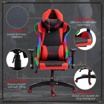 Gaming Office Chair with RGB LED Light, Lumbar Support, Gamer Recliner- Red