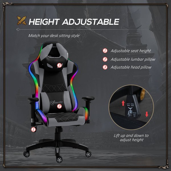 Gaming Office Chair with RGB LED Light, Lumbar Support, Gamer Recliner- Grey