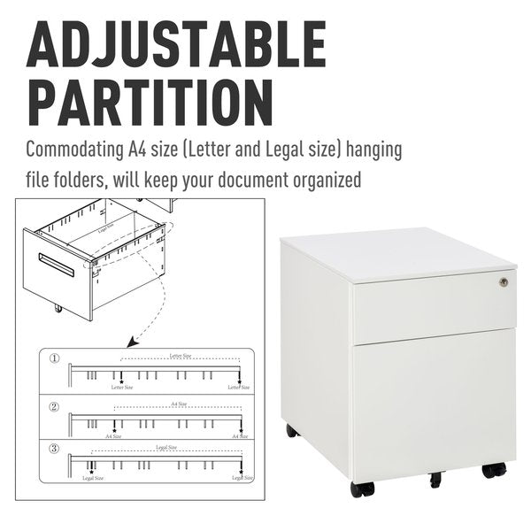 Steel Mobile Filing Lockable Cabinet With Pencil Tray, Home Office File Organiser - White