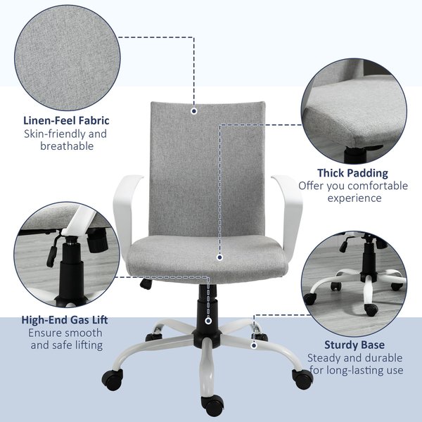 Office Chair Linen Swivel Computer Desk Chair Home Study Task Chair- Light Grey